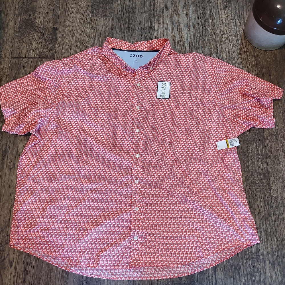 Izod Men's Patterned Orange Button-Down Shirt Big… - image 3